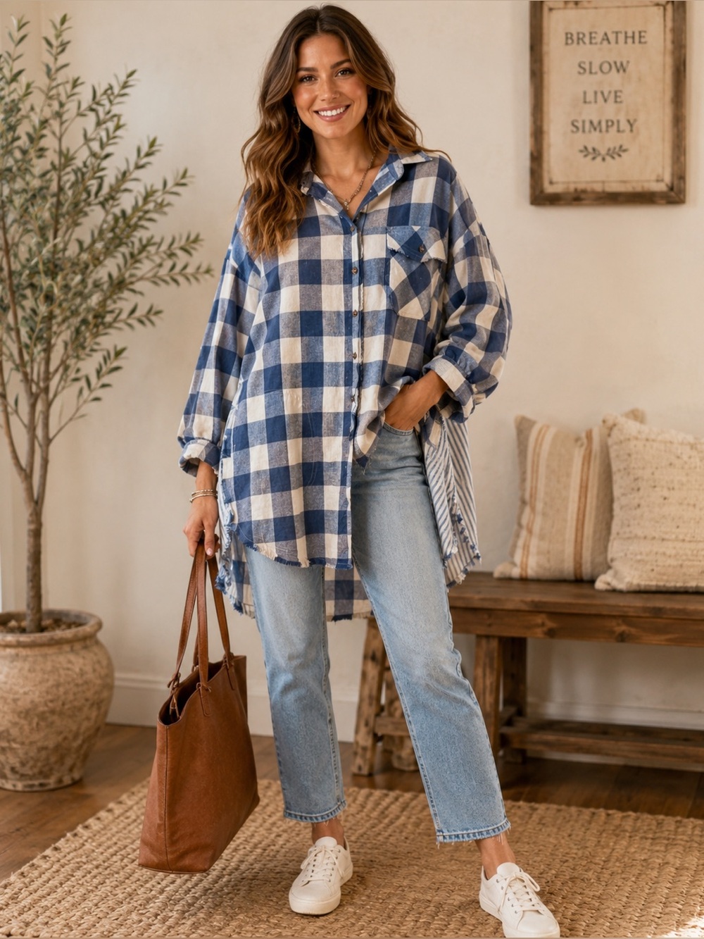 Easel Blue and White Plaid Oversized Shirt